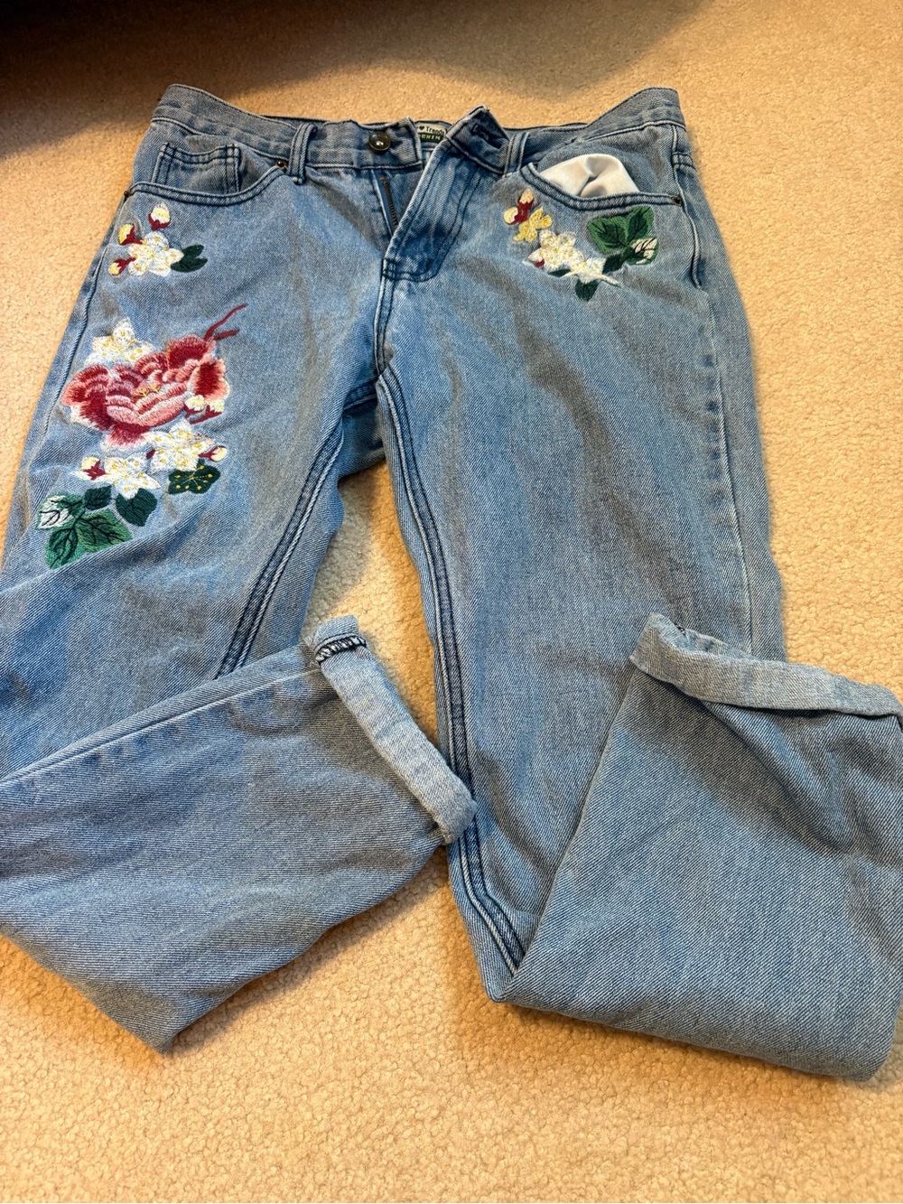 Embroidered Floral Light Blue Straight-Leg Jeans